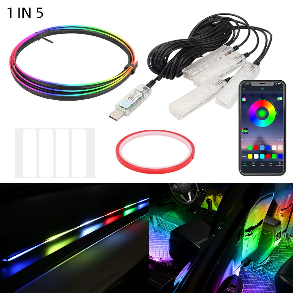 6In1 Symphony Car Foot Lamp USB App Control Led Interior Light Decorative Hidden Atmosphere Lights Car Ambient Lights Neon Light