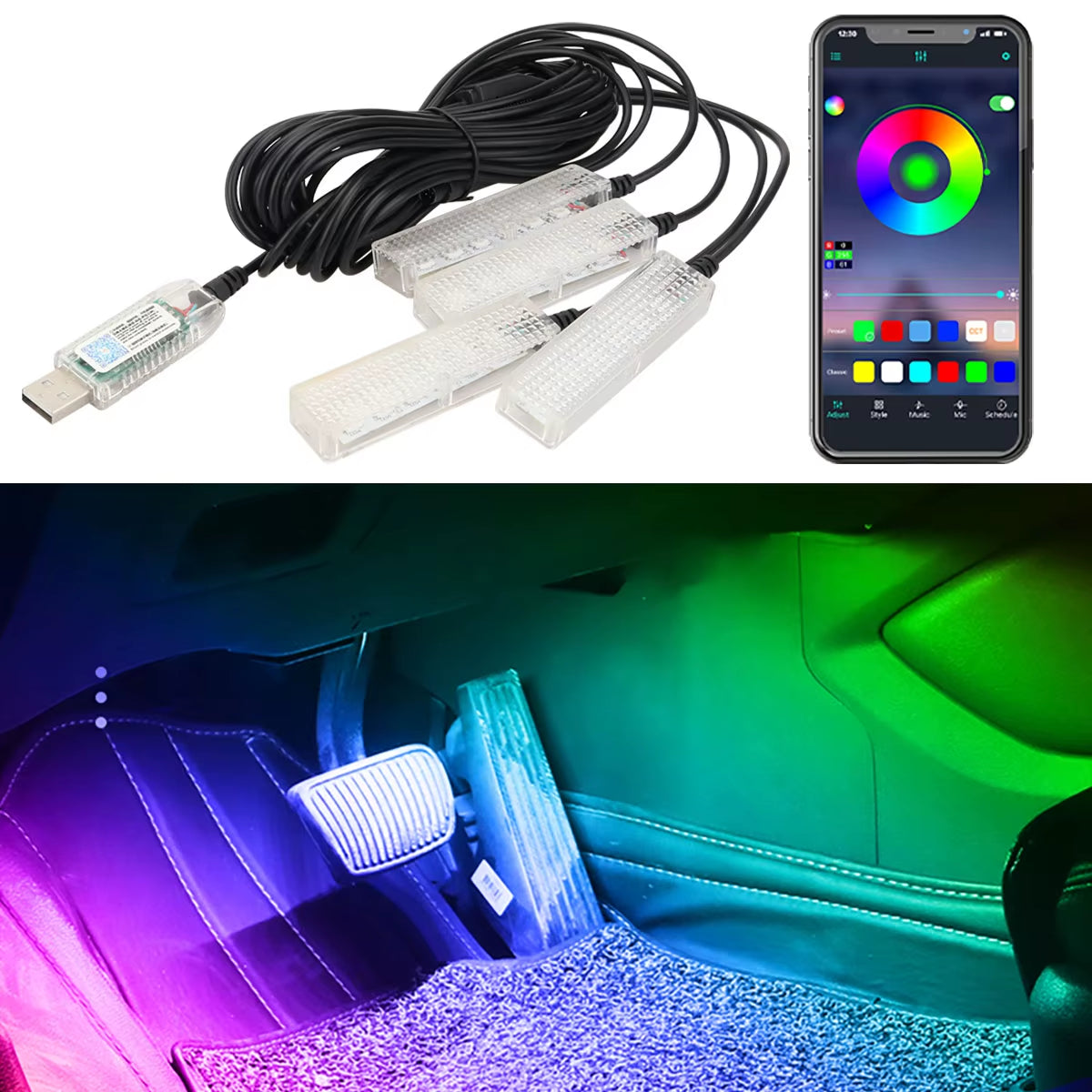 6In1 Symphony Car Foot Lamp USB App Control Led Interior Light Decorative Hidden Atmosphere Lights Car Ambient Lights Neon Light